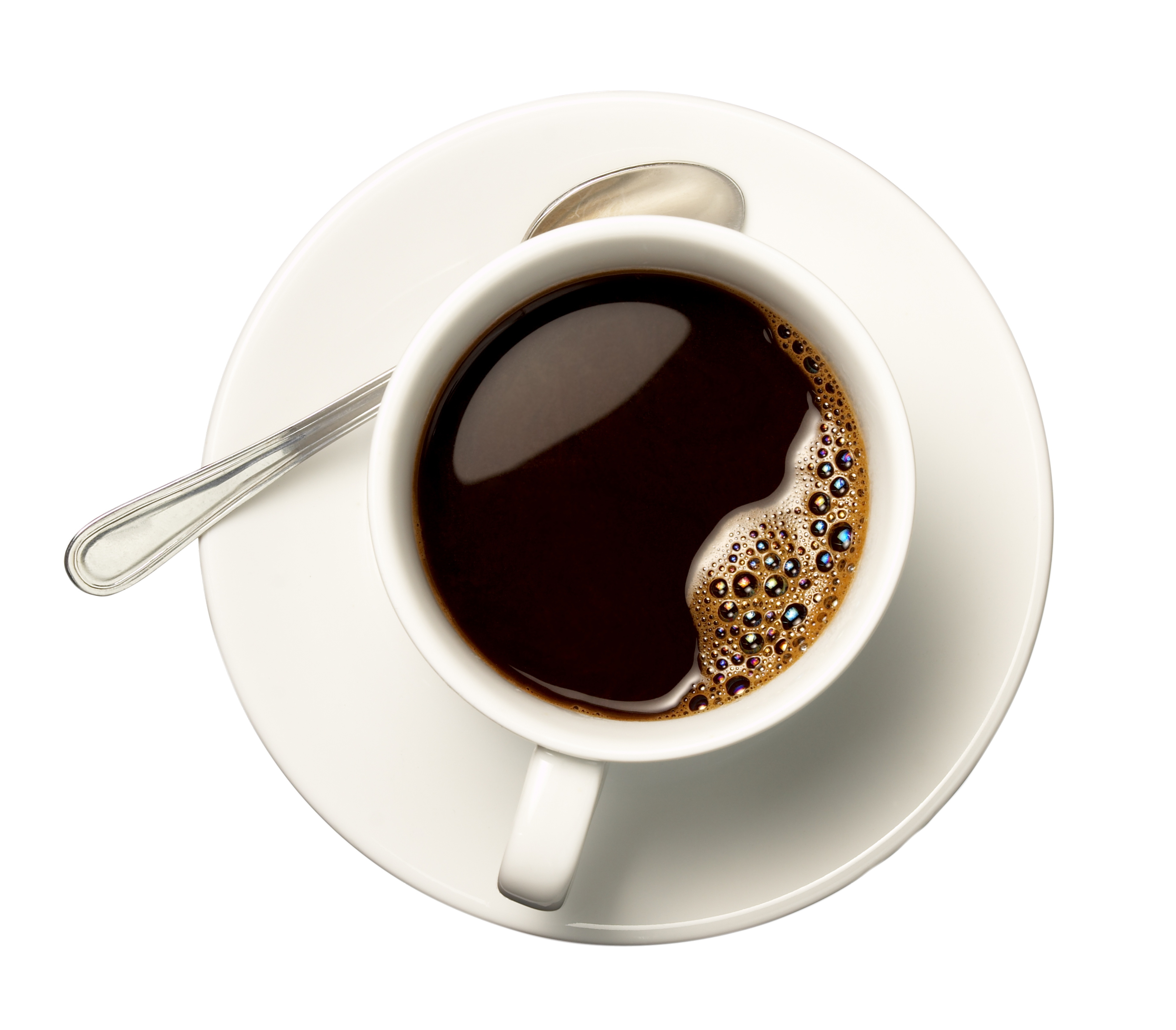 A cup of freshly brewed black coffee on a white saucer