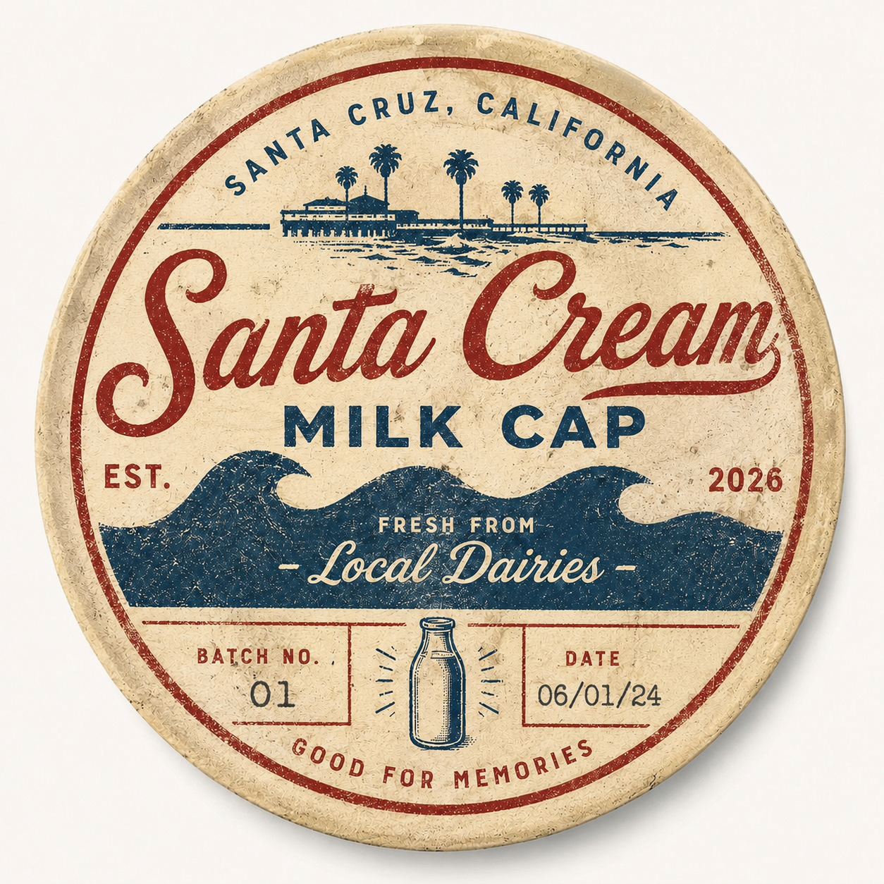 Vintage-style Santa Cream Milk Cap featuring the Santa Cruz wharf, ocean waves, and local dairy details